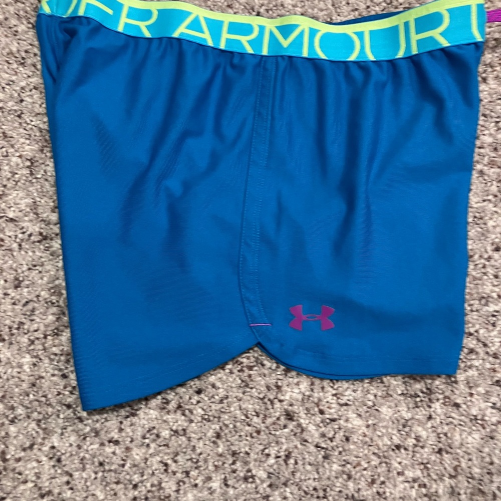 Under Armour Youth XL HeatGear Athletic Shorts Blue Green Waistband
